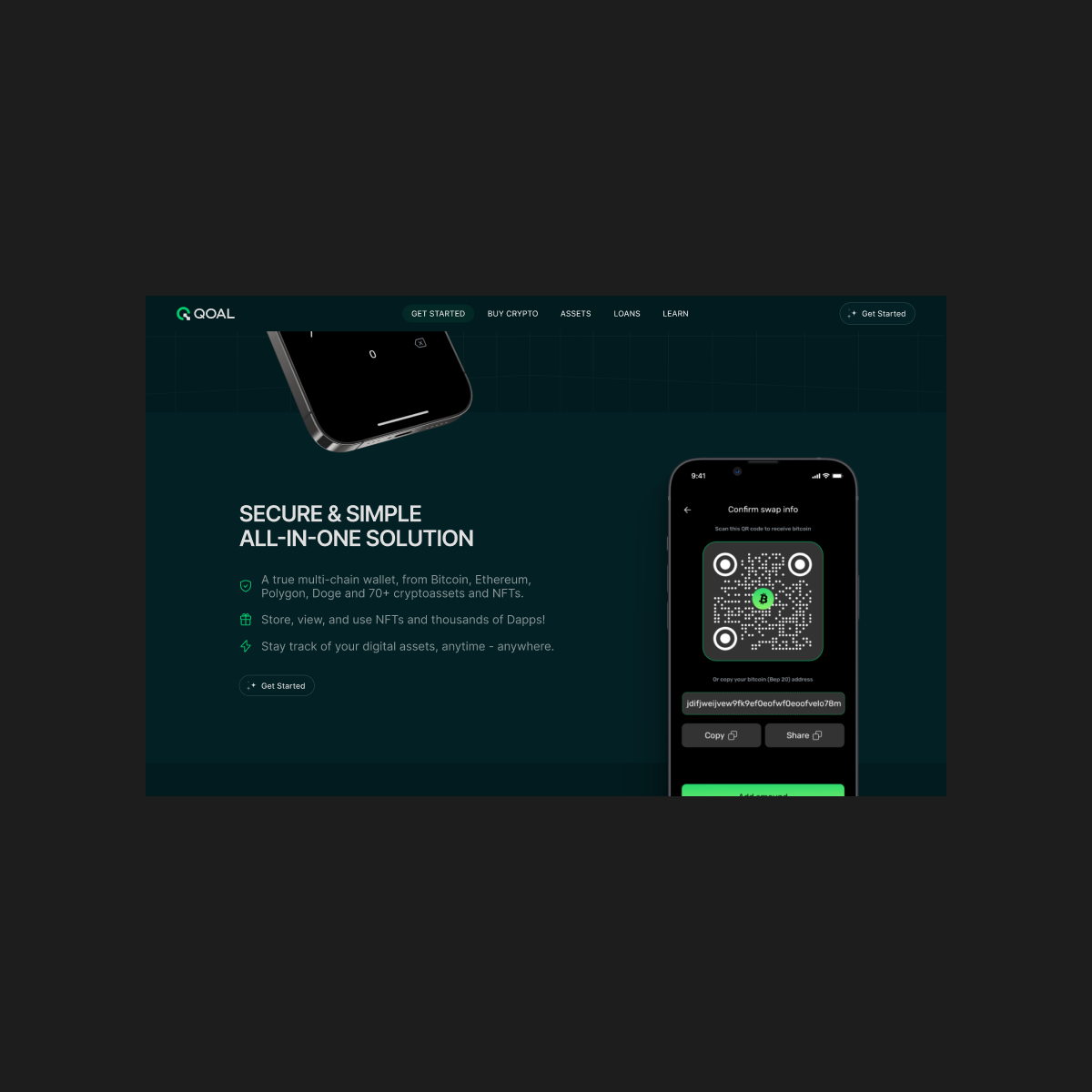 QOAL website section on desktop, showing another screen from the mobile app.
