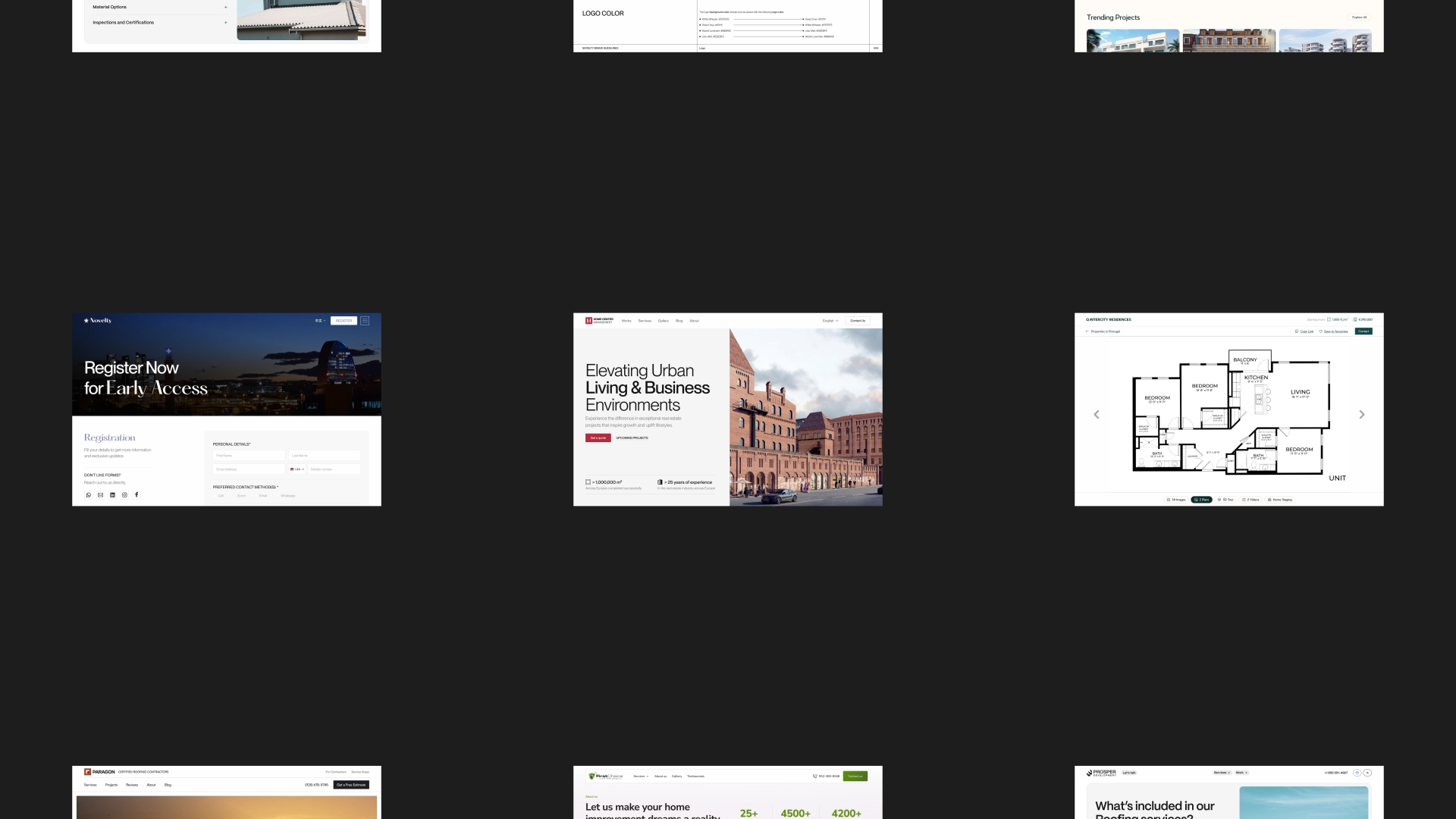 Grid of real estate projects by VX.STUDIO, including brand identities and websites for developers and real estate firms.