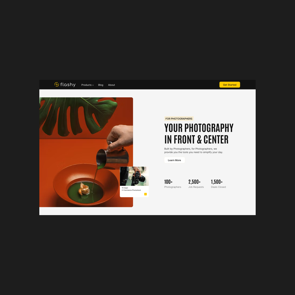 GetFlashy value proposition section on desktop, explaining fast, high-quality commercial photography at scale.
