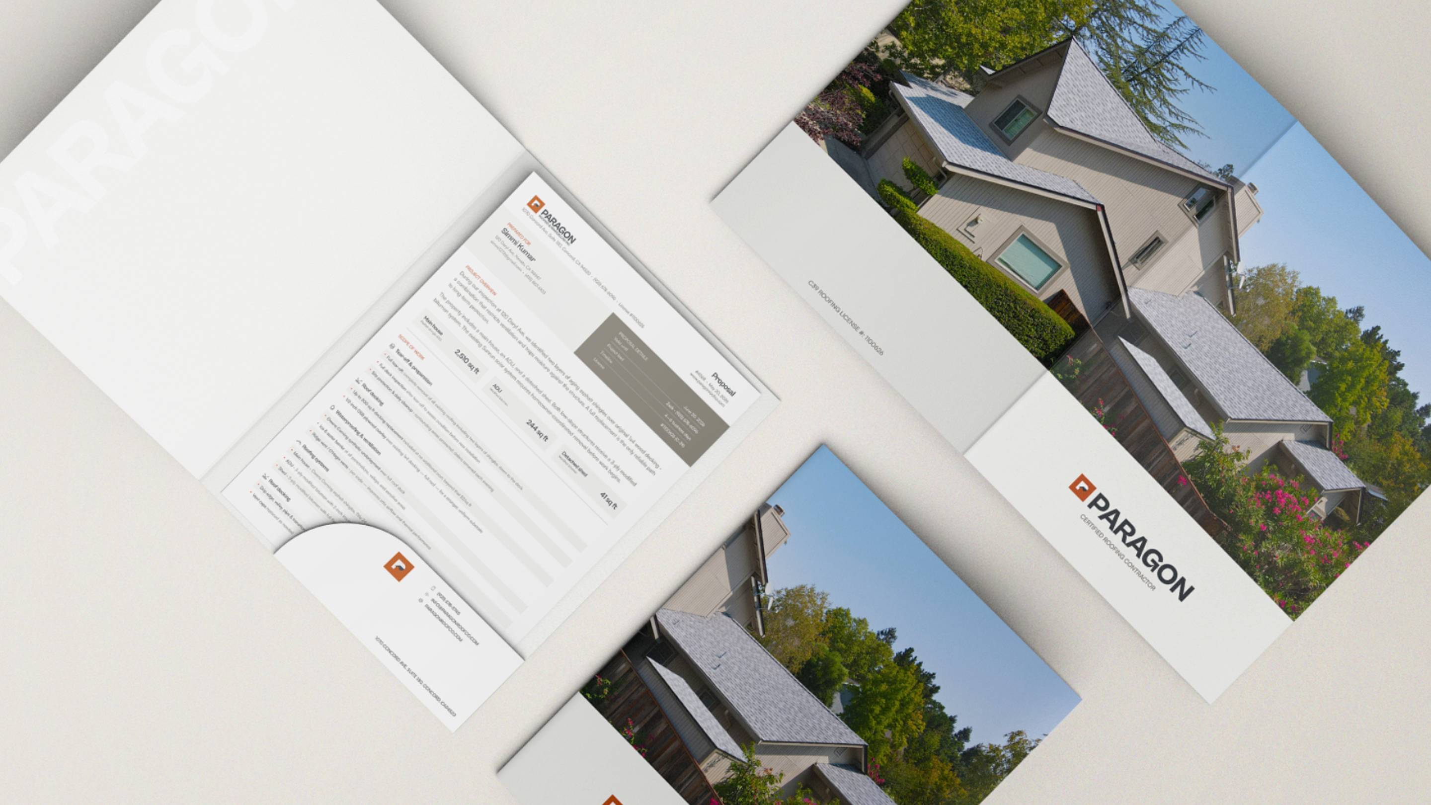 Paragon Roofing proposal document and presentation folder designed by VX.STUDIO with the brand identity.