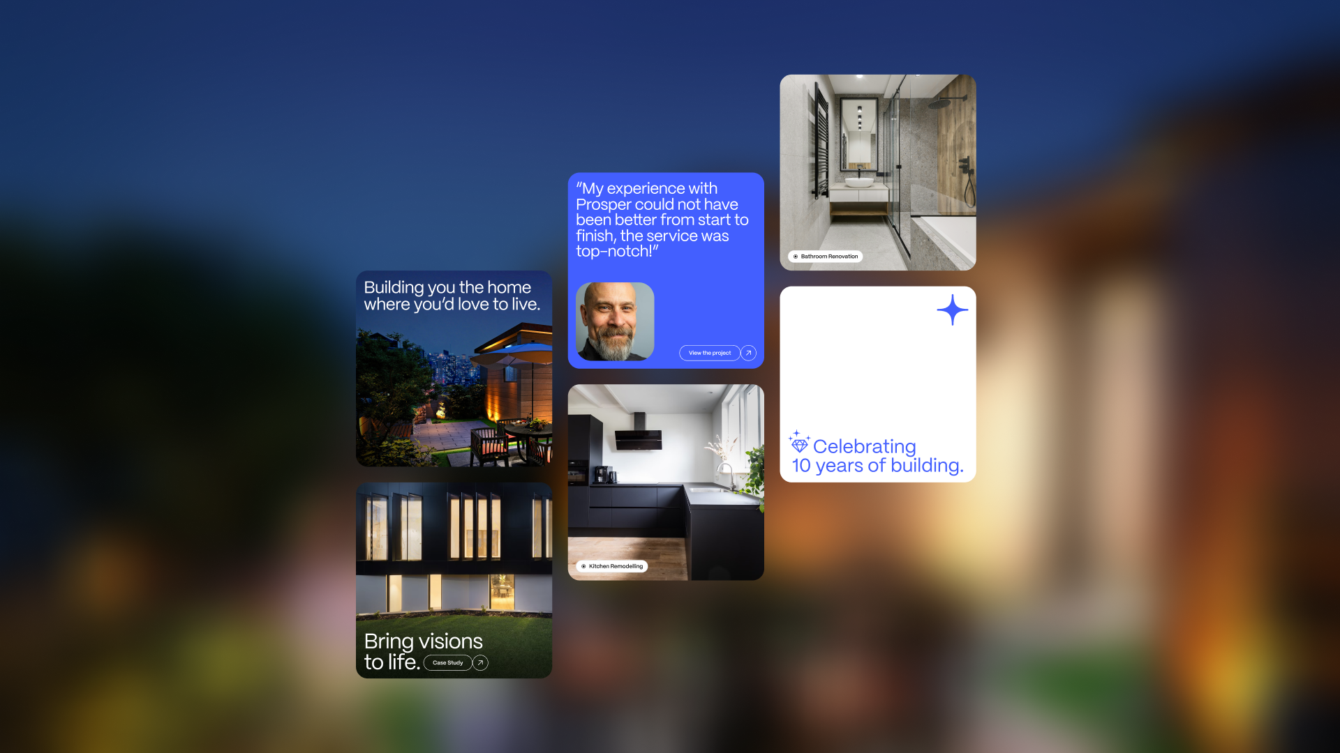 Prosper Development brand look and feel in a grid layout, combining project photography, brand colors, visual elements, and client testimonials.
