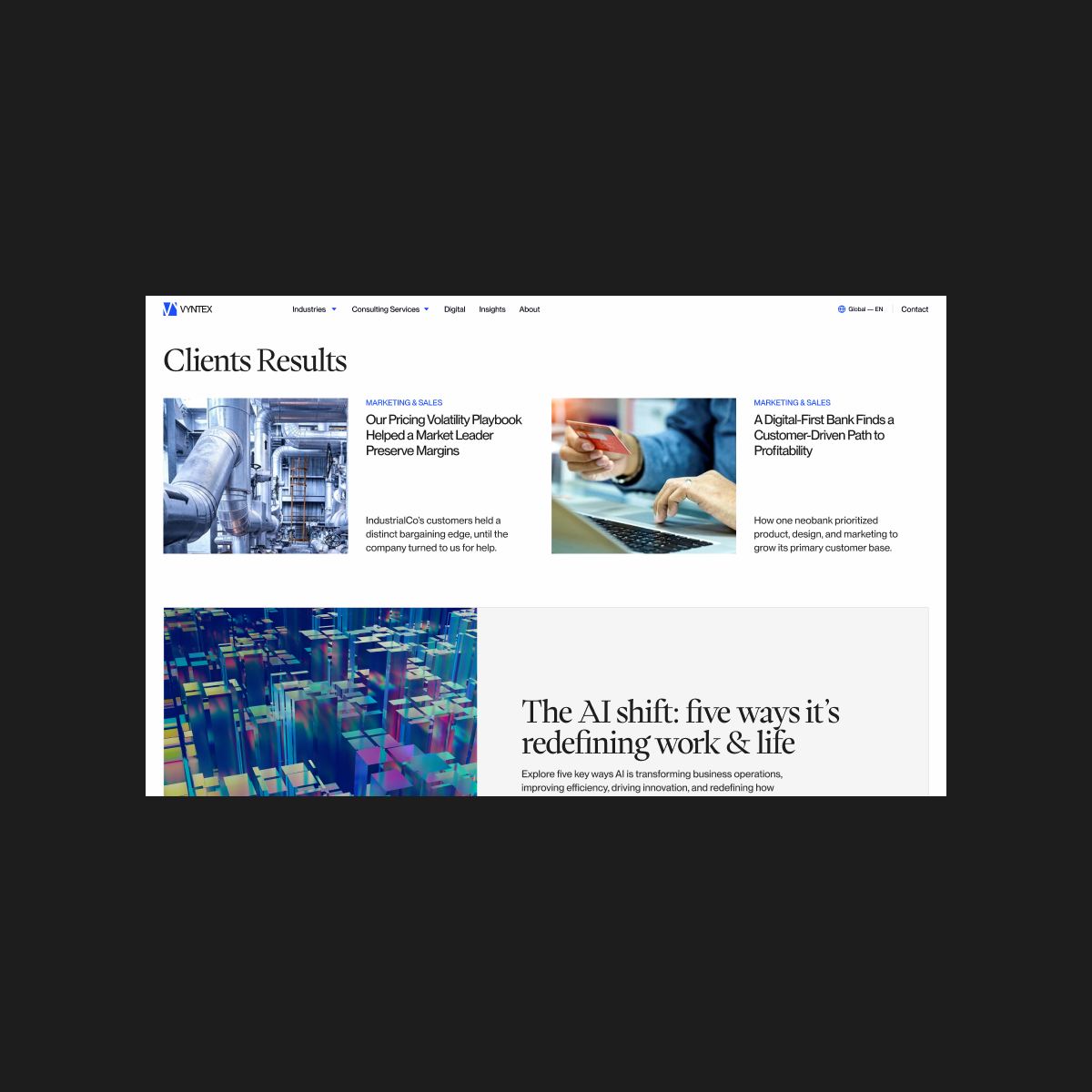 VYNTEX case studies page on desktop, presenting client projects across its industries.