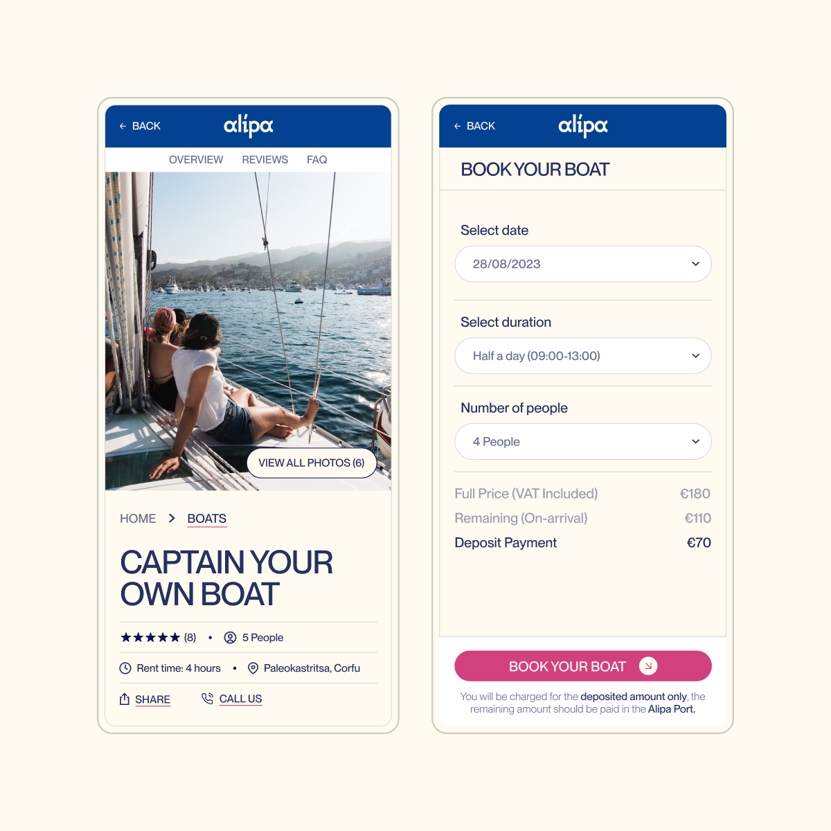 Alipa experience page on mobile, with trip details and a booking option.