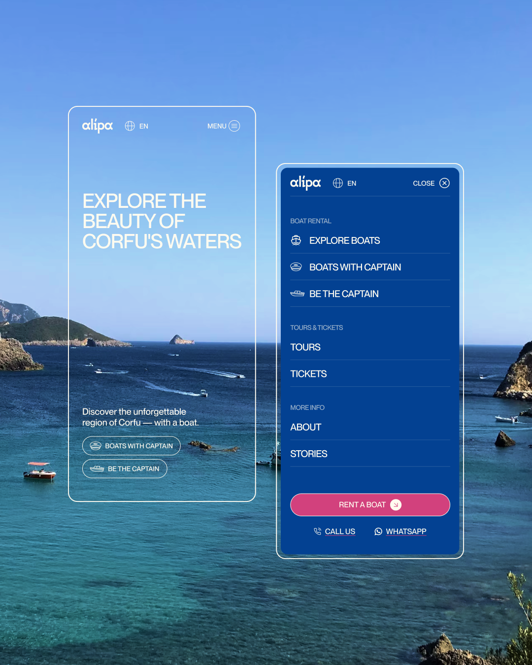 Alipa homepage designed by VX.STUDIO, shown over a photograph of a Greek harbor.