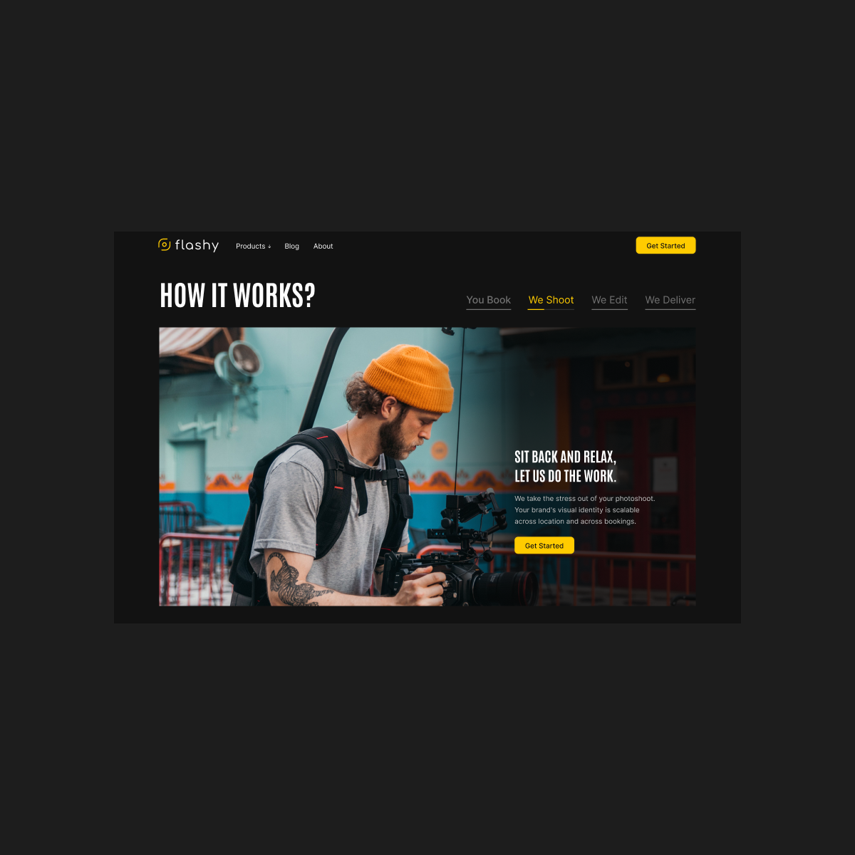 GetFlashy For Photographers page on desktop, explaining how professional photographers join the platform and get work.