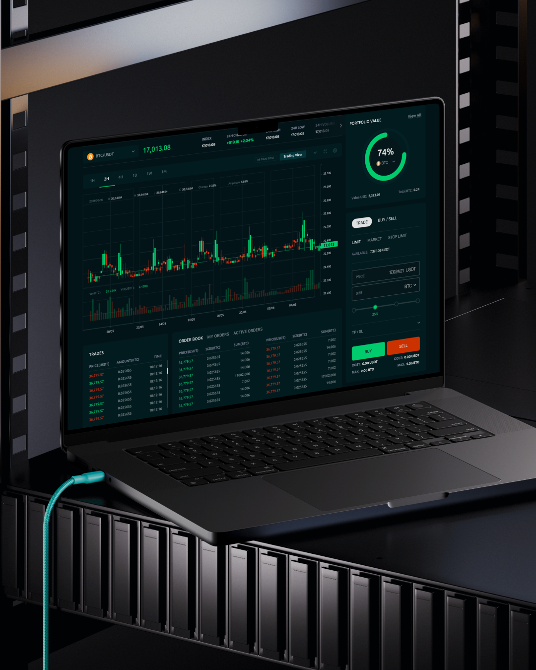 QOAL website on a laptop, designed and developed by VX.STUDIO, introducing the crypto exchange.