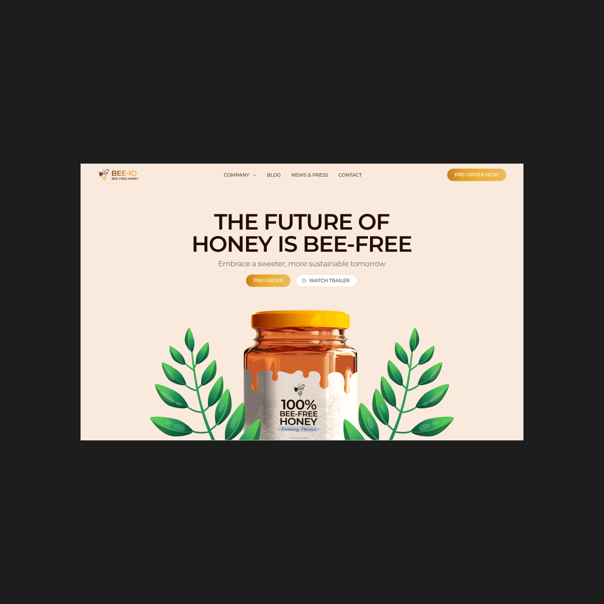 Bee-io homepage hero introducing honey made without bees.