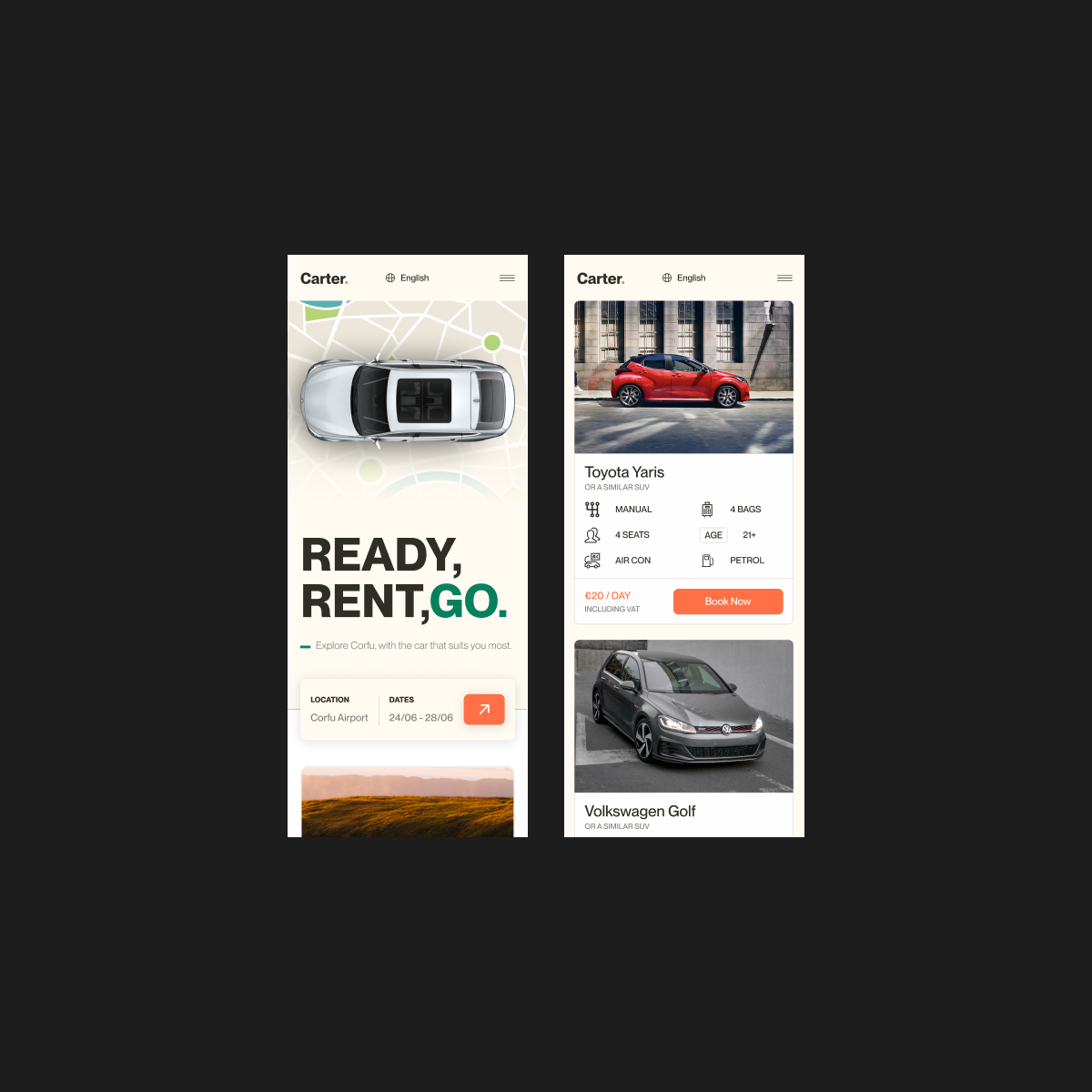 Carter homepage and car selection screens on mobile, showing available rental cars.