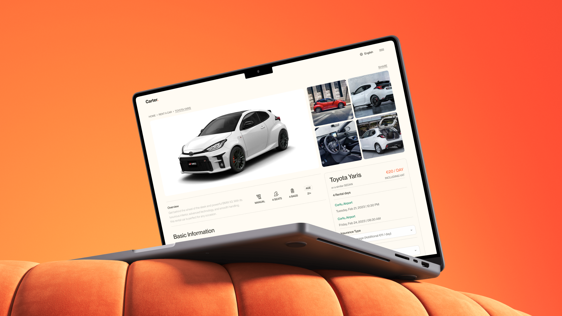 Carter car selection page designed by VX.STUDIO, showing available rental cars with pricing and booking options.