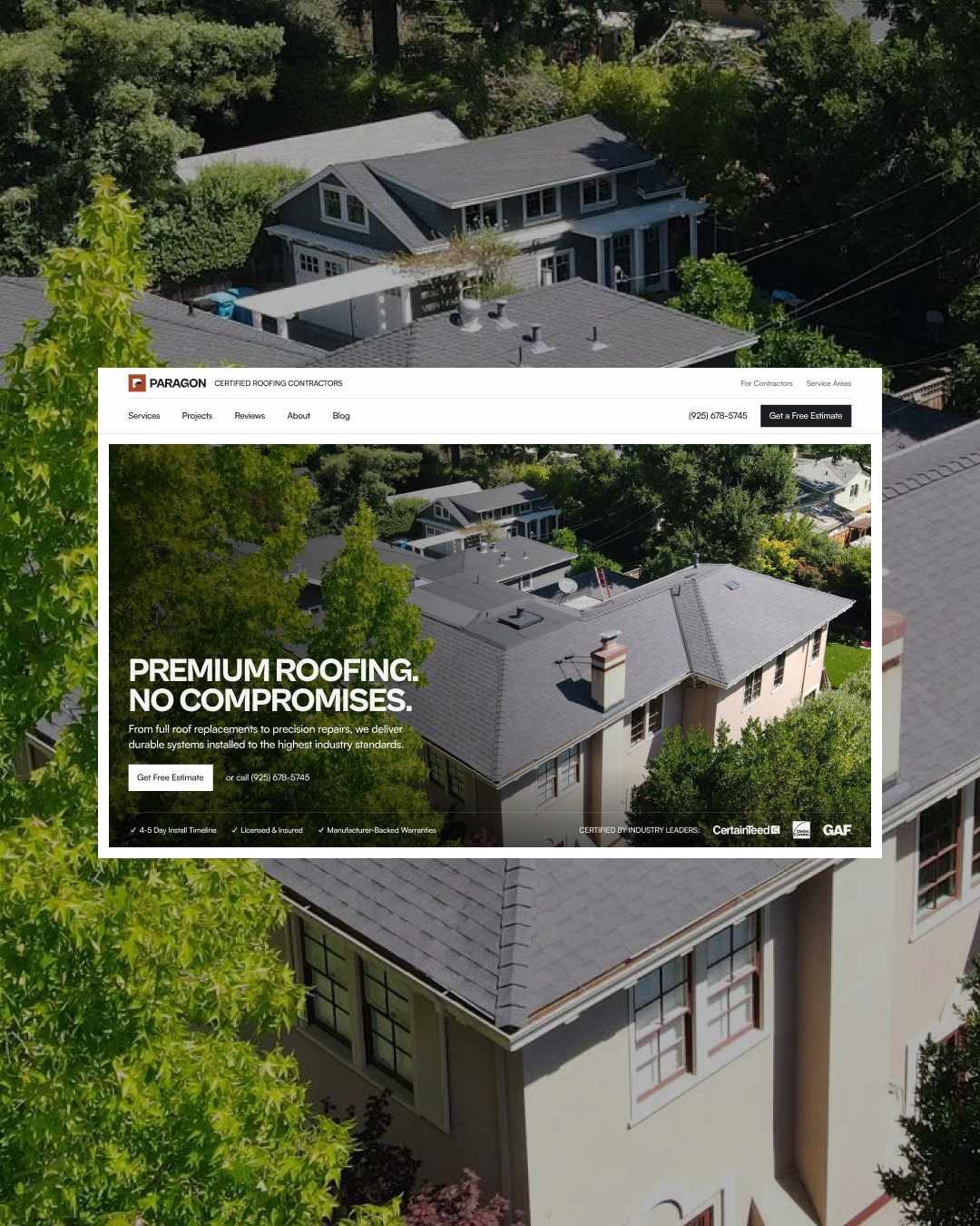 Paragon Roofing homepage hero designed and developed by VX.STUDIO, shown over an aerial photograph of a home’s roof.