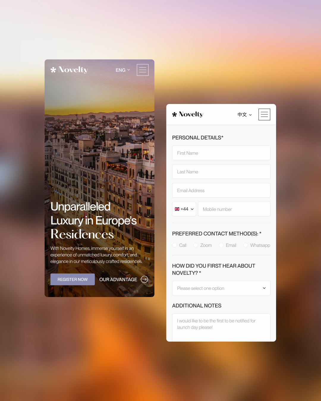 Novelty website on mobile, designed and developed by VX.STUDIO, showing its visual style, typography, and property photography.