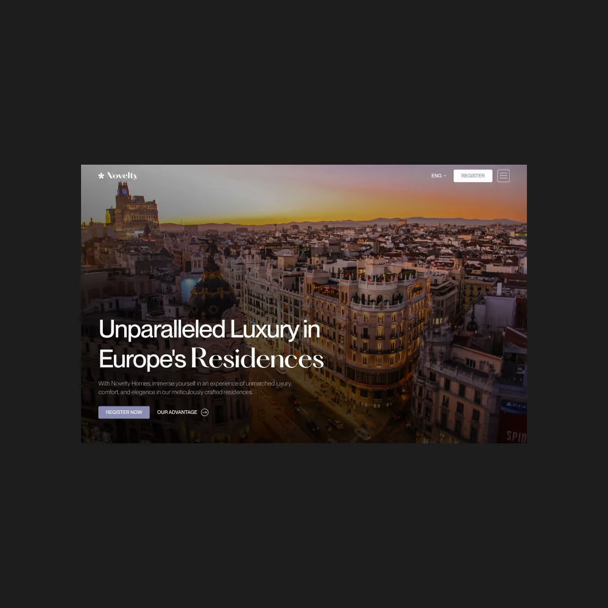 Novelty homepage hero on desktop, introducing its real estate and investment services.