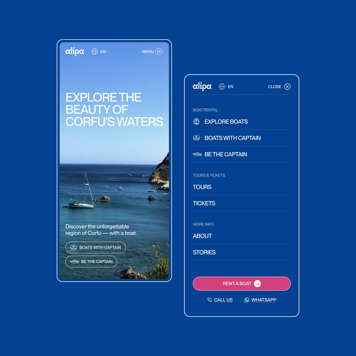 Alipa homepage on mobile, shown with the navigation menu open.