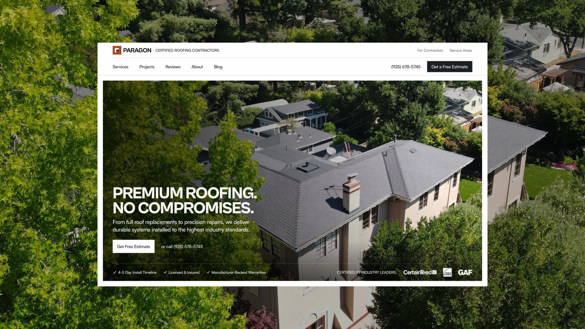 Paragon Roofing homepage hero designed and developed by VX.STUDIO, shown over an aerial photograph of a home’s roof.