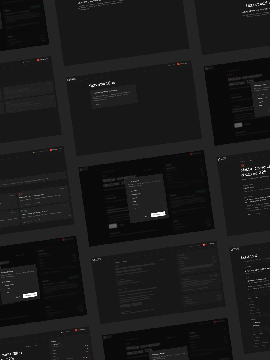 Web application screens designed for different states, including empty, loading, and error views.