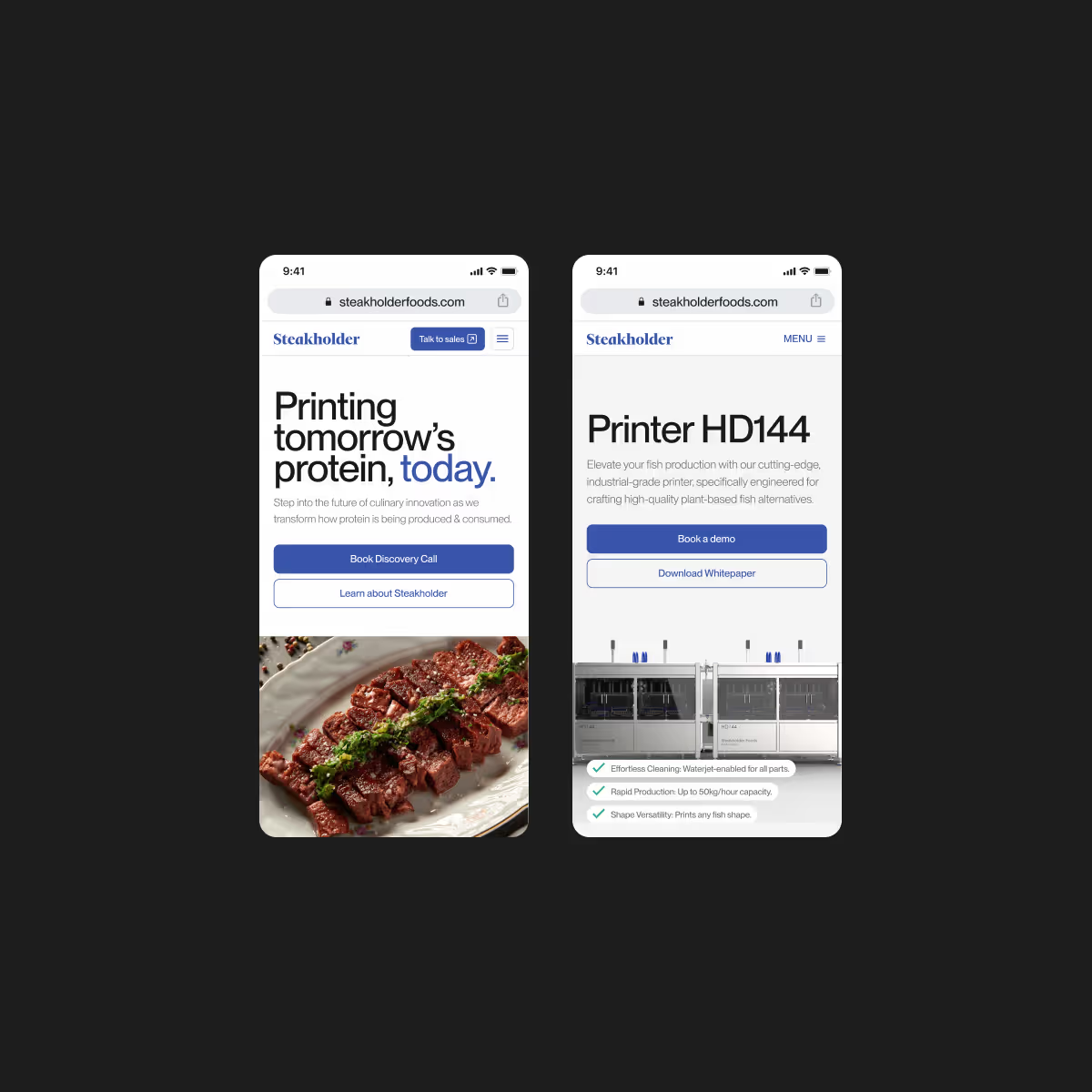 Steakholder printer and product pages on mobile.