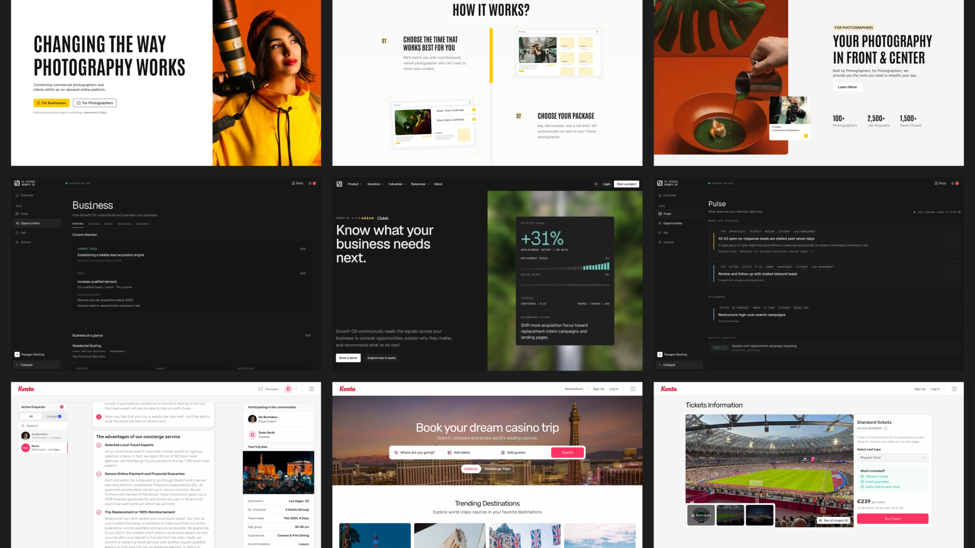 Grid of SaaS projects by VX.STUDIO, including brand identities and websites for software platforms.