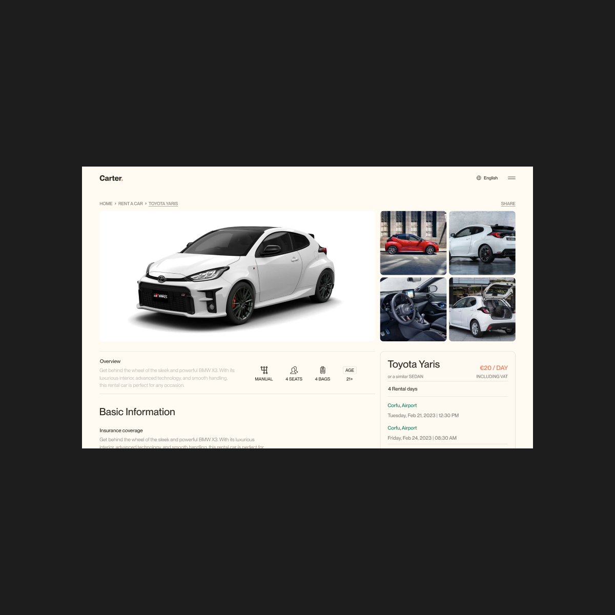 Carter car selection page on desktop, listing available rental cars with prices and details.
