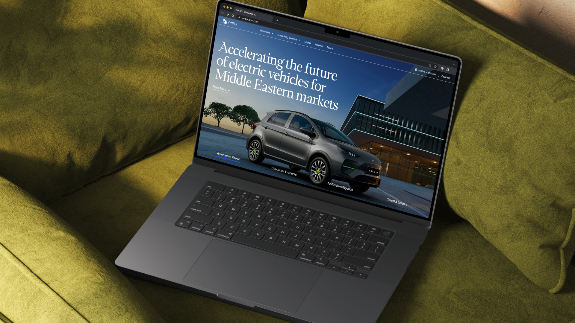 VYNTEX homepage hero on a laptop, designed and developed by VX.STUDIO, introducing the consultancy’s services.