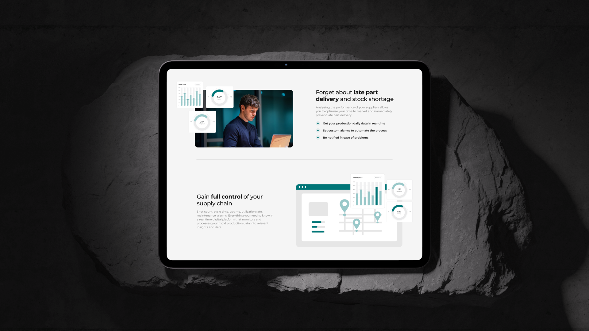 Matix features section on a tablet, outlining the company’s manufacturing capabilities.