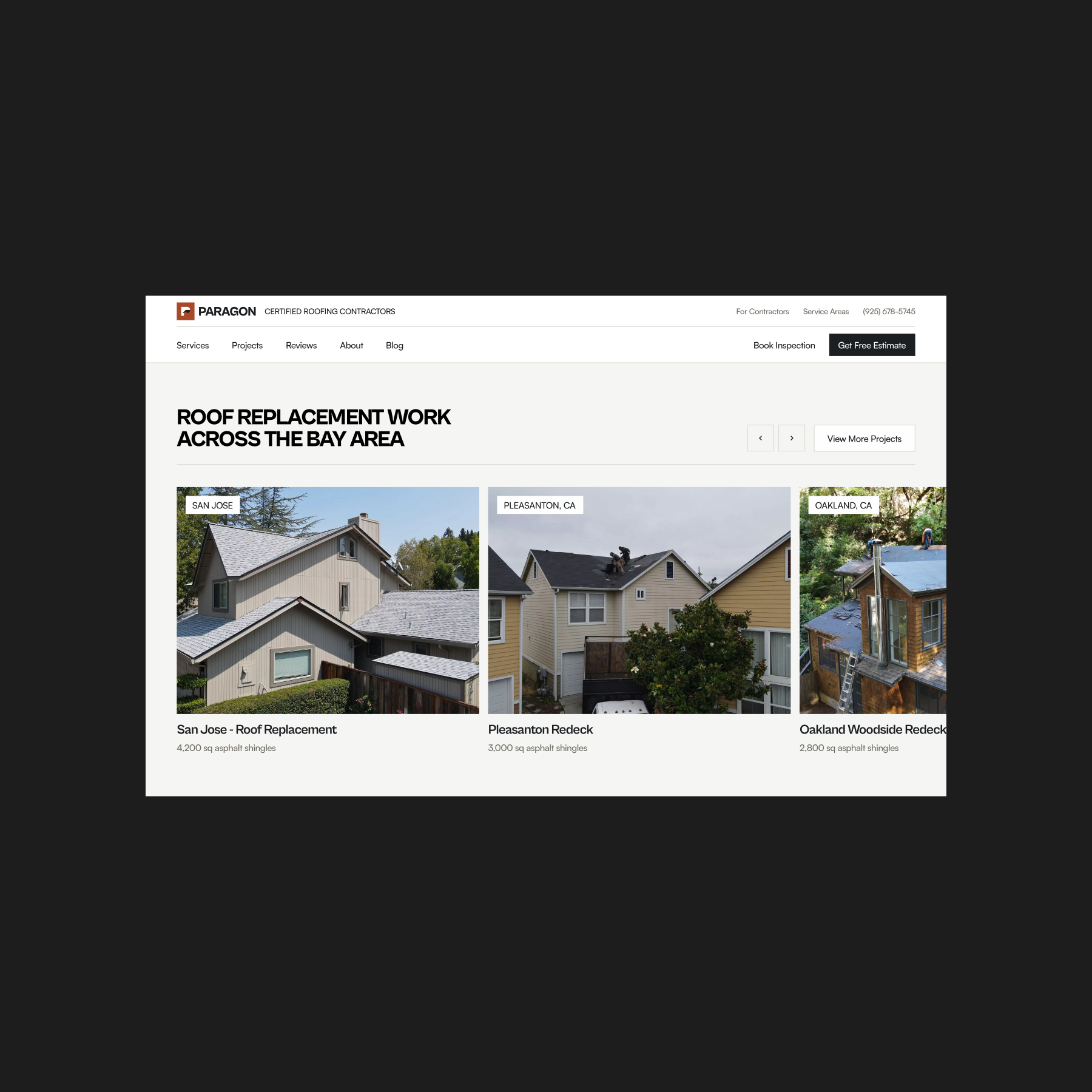 Paragon Roofing gallery of completed roofing projects on desktop.