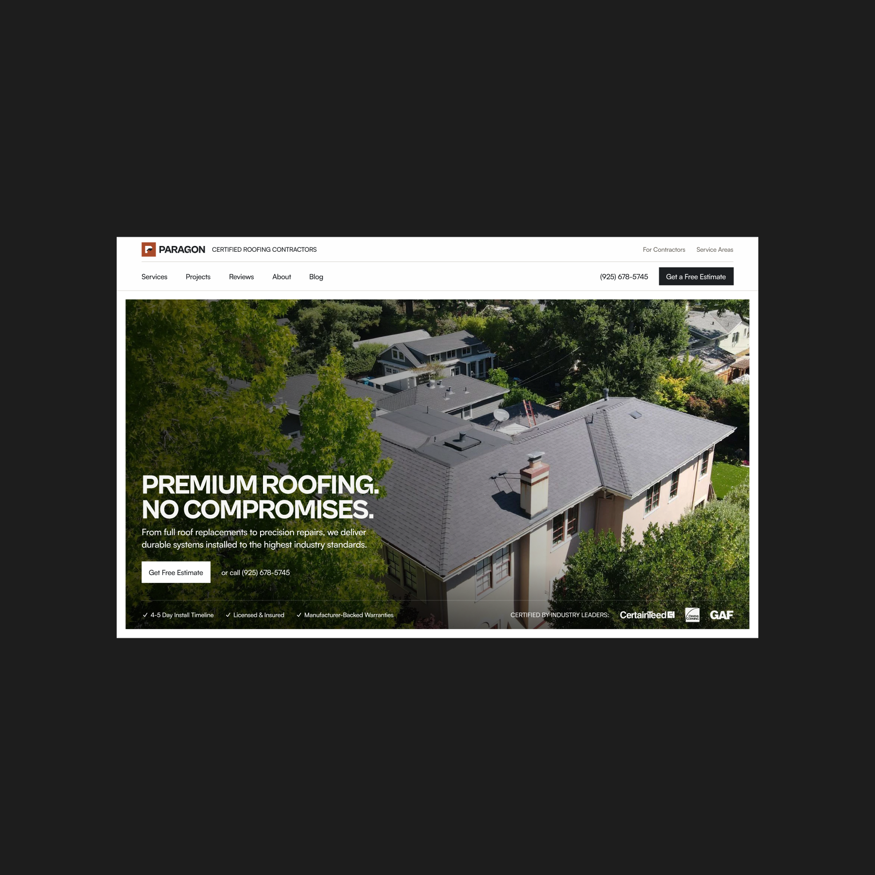 Paragon Roofing website header on desktop, with navigation to its roofing services.