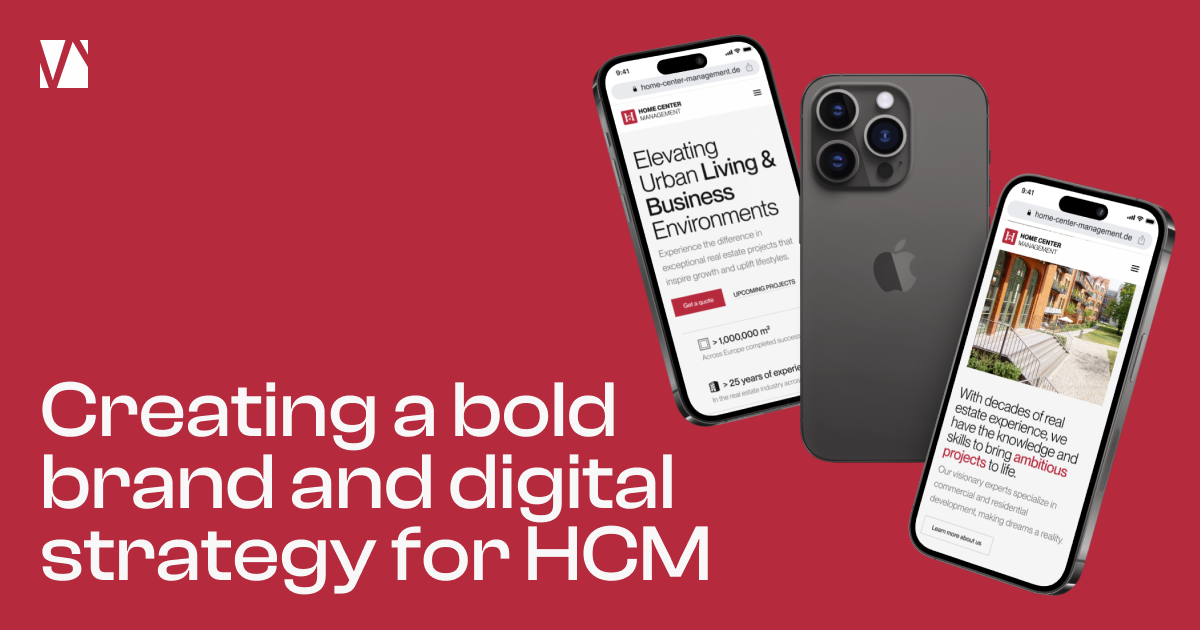 HCM case study: two phones showing the new Home Center Management website, beside the title “Creating a bold brand and digital strategy for HCM”