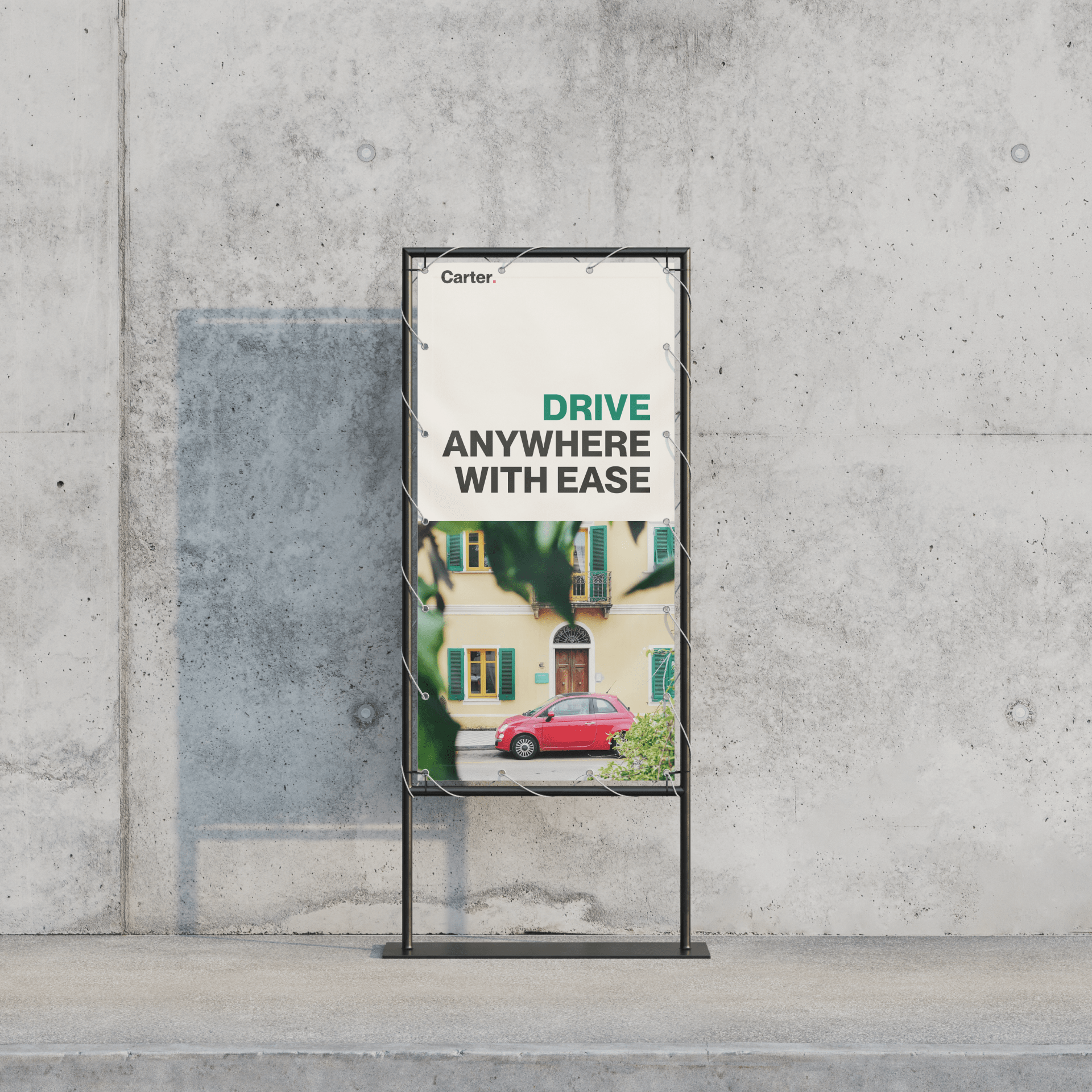 Carter advertising poster designed by VX.STUDIO, shown on a portrait board against a concrete wall.