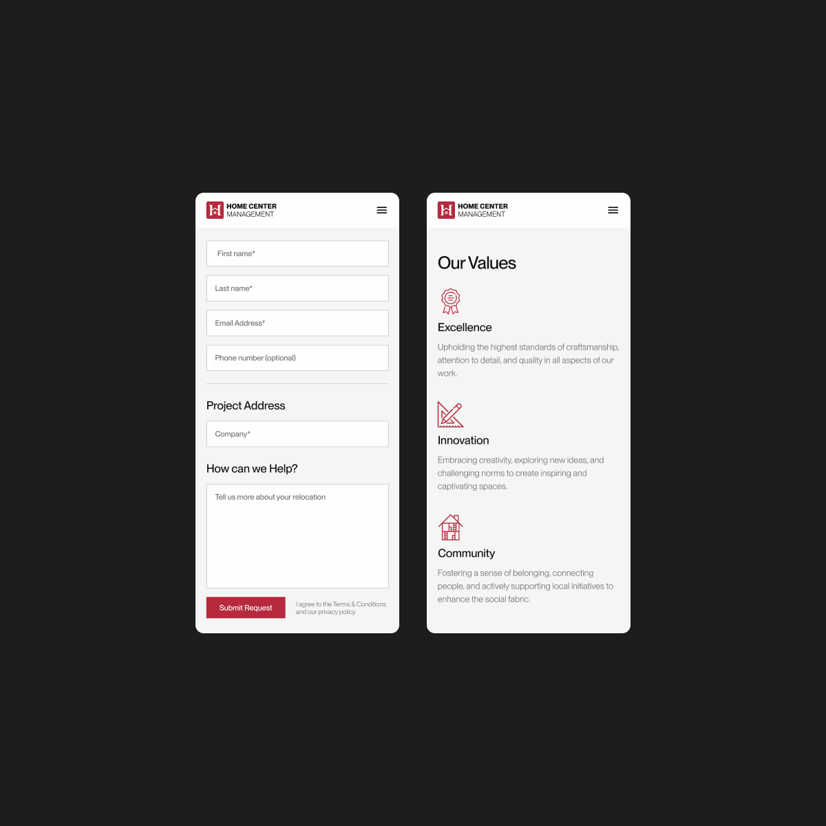 HCM contact form and company values section on mobile.