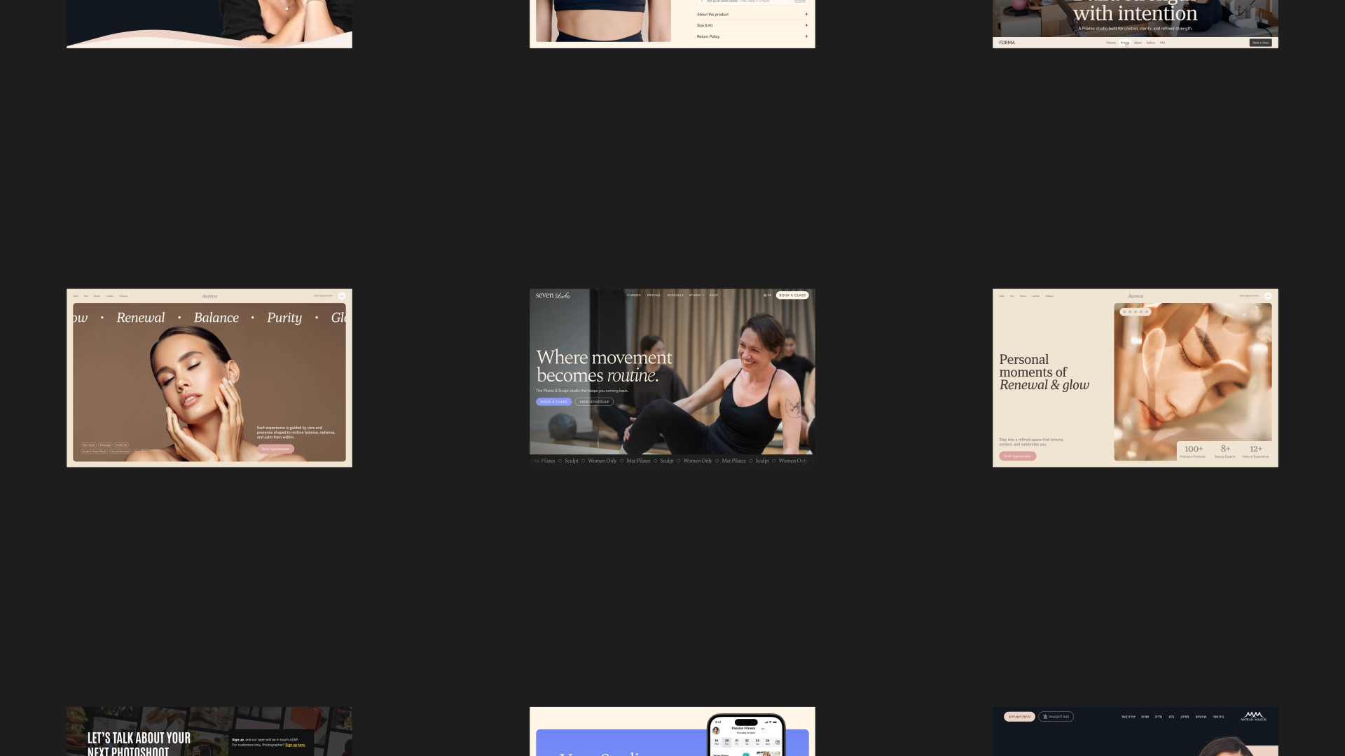 Grid of beauty and wellness projects by VX.STUDIO, including brand identities, websites, and booking experiences for studios and wellness businesses.