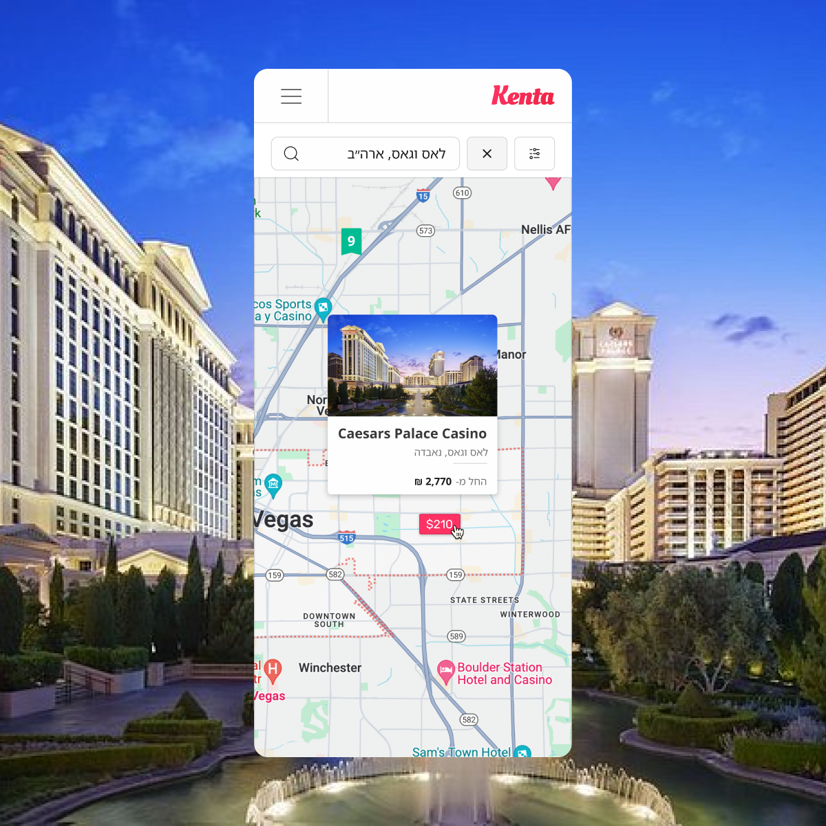 Kenta map mode on mobile, showing a selected hotel and its location.
