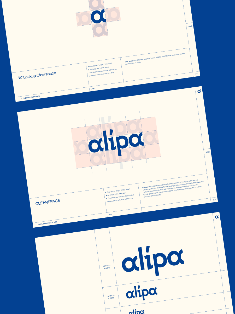 Logo system showing the primary logo, its variations, and clear-space rules.