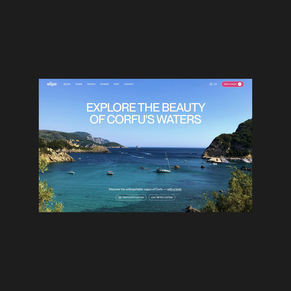 Alipa homepage hero, introducing boating experiences in Greece with a call to explore and book.