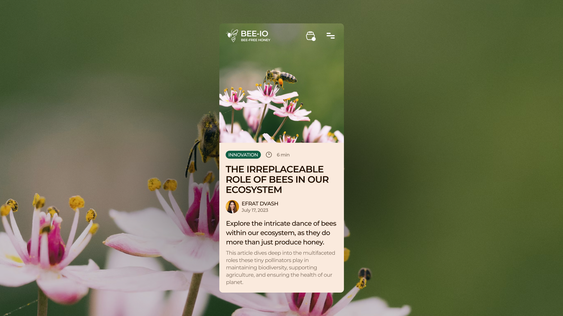 Bee-io blog article on mobile, explaining bee-free honey.