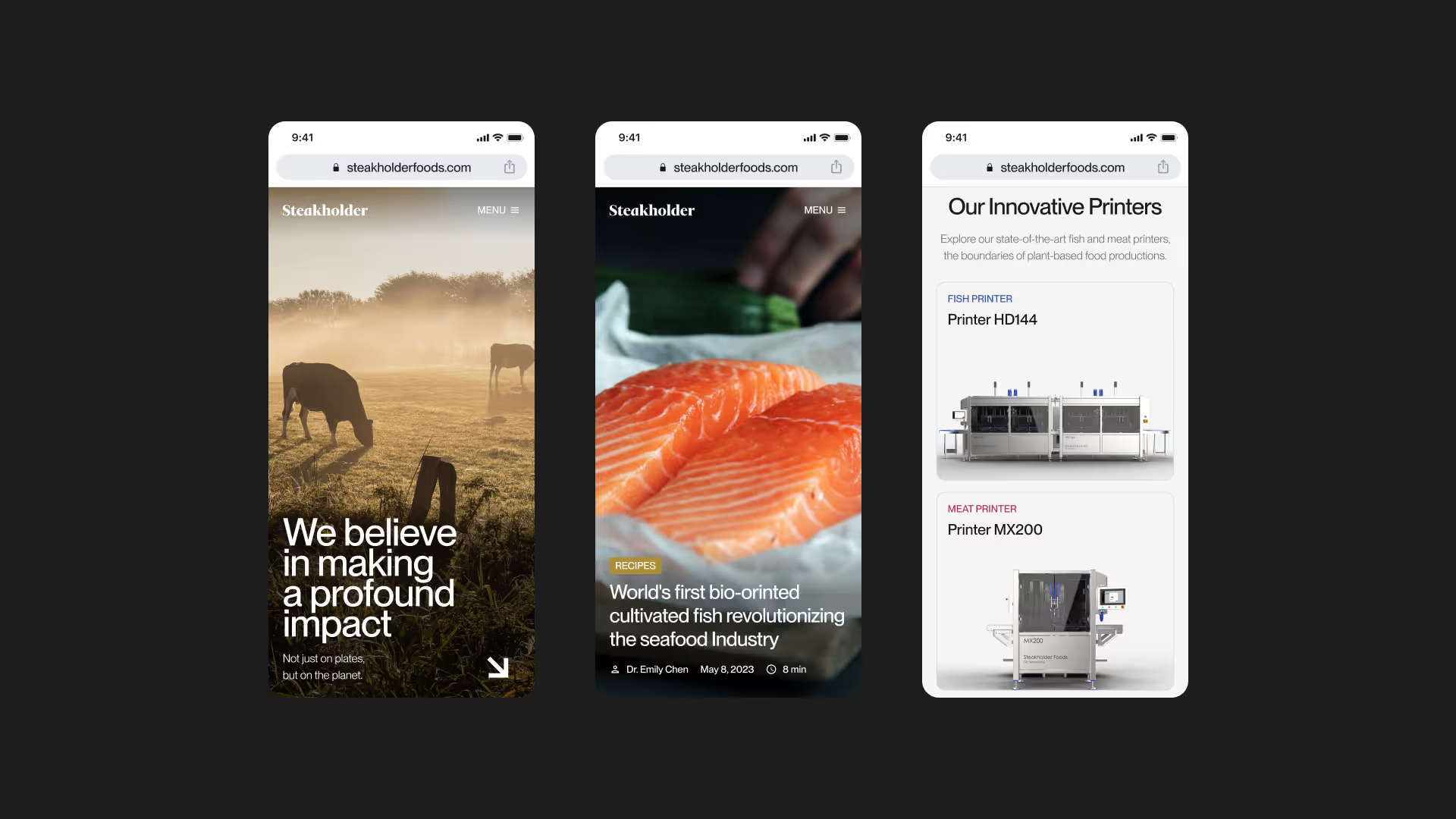 Steakholder website on mobile, showing the brand’s visual style, typography, and imagery.