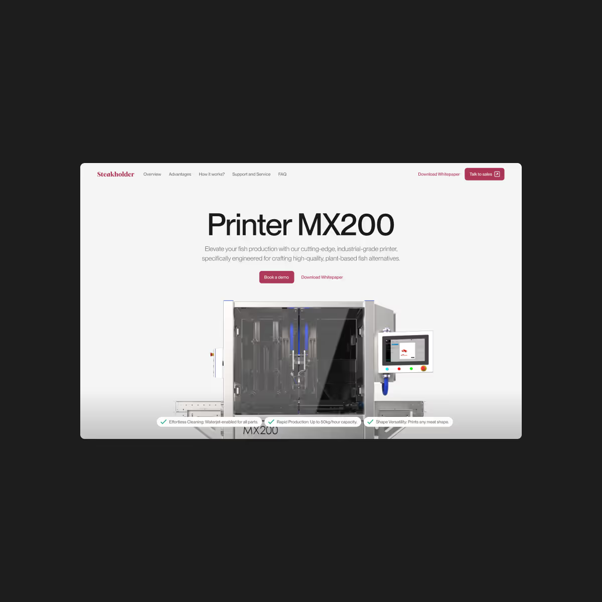 Steakholder MX200 printer product page on desktop, presenting the industrial 3D printer and its capabilities.