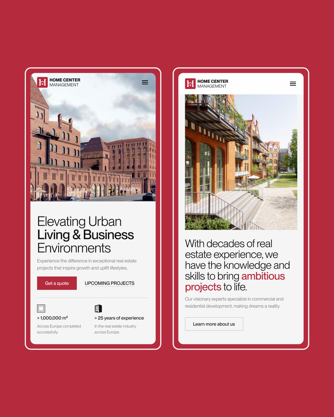 HCM homepage hero on mobile, with the headline and a project image adapted for smaller screens.