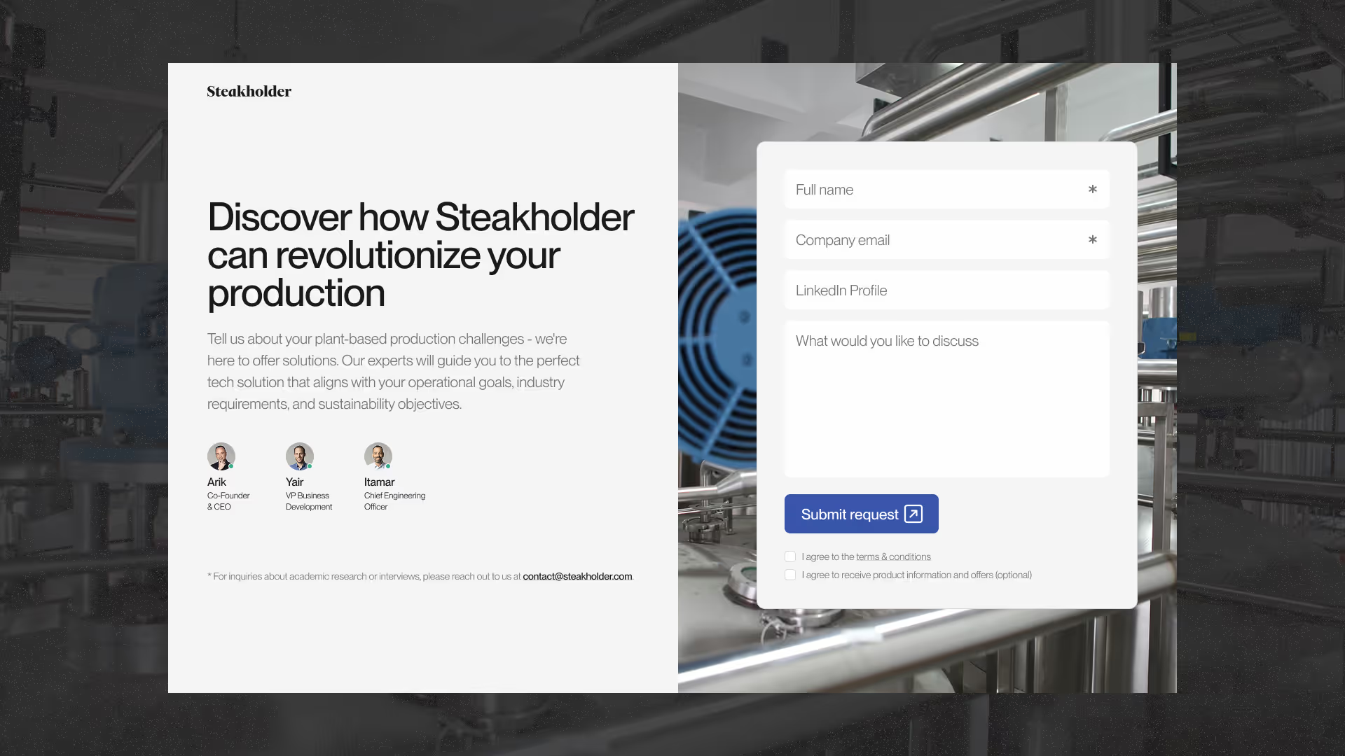 Steakholder contact page, with a form for businesses and investors to get in touch.