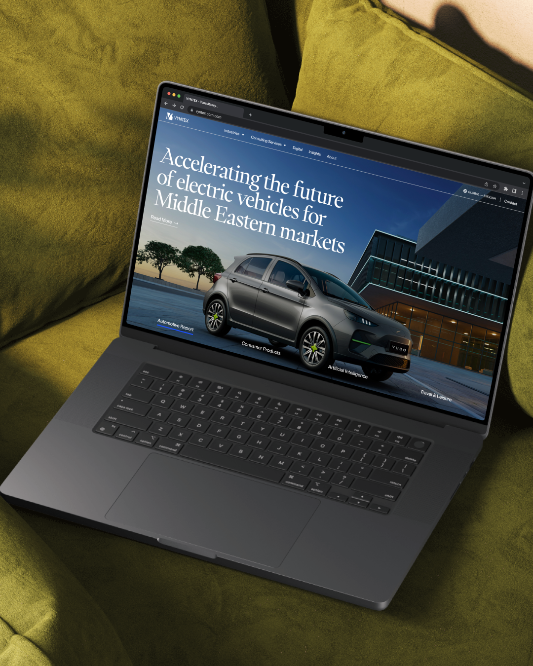 VYNTEX homepage hero on a laptop, designed and developed by VX.STUDIO, introducing the consultancy’s services.