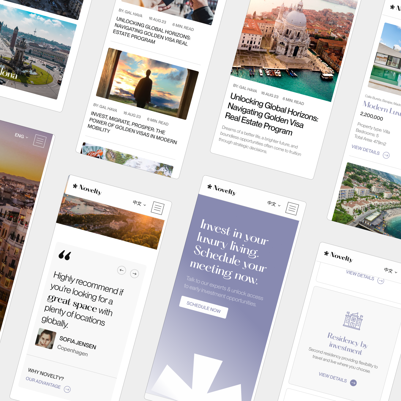 Row of Novelty website screens on mobile, showing the brand’s visual style across pages.