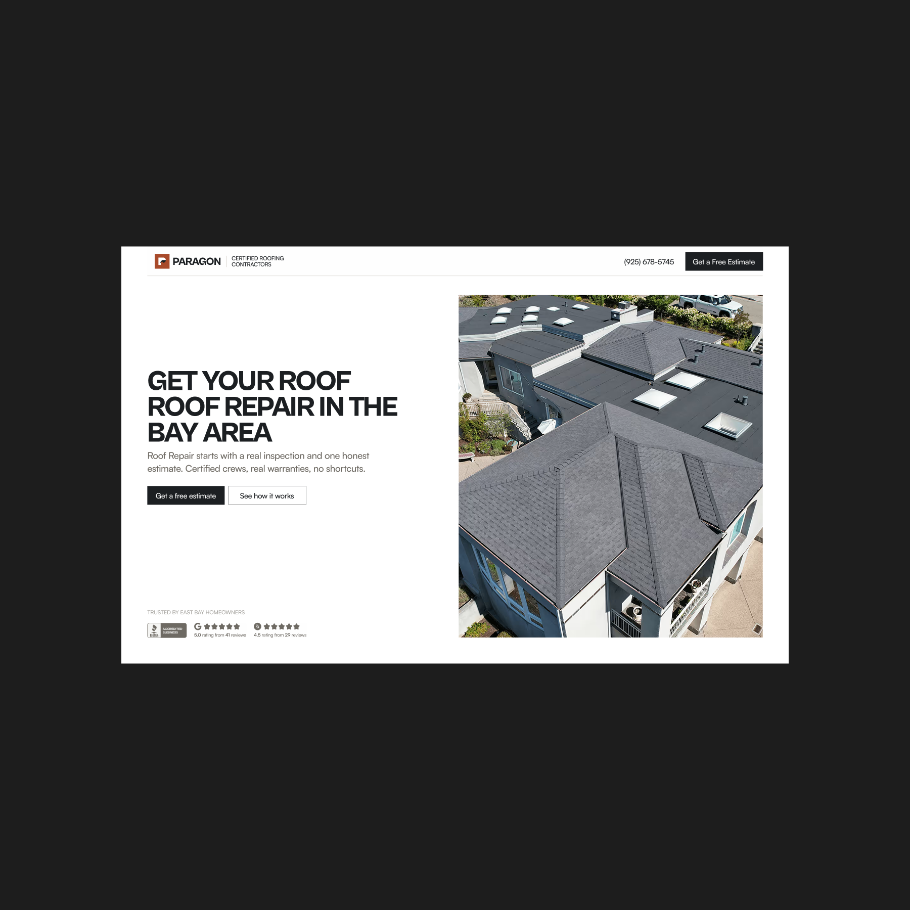 Paragon Roofing roof repair page header on desktop, introducing its repair services for Bay Area homeowners.