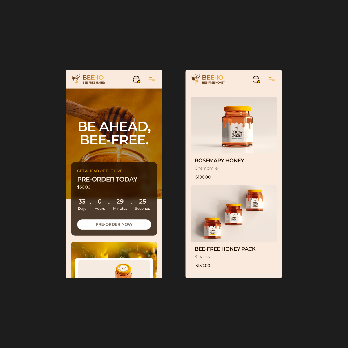 Bee-io pre-order page on mobile, with product details and a pre-order button.