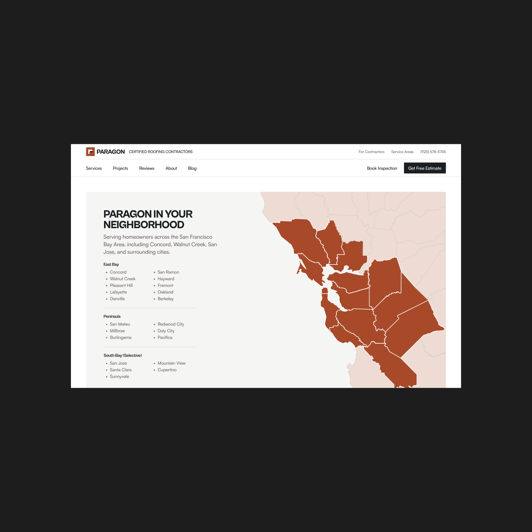 Paragon Roofing service areas section on desktop, with a map of the Bay Area communities it serves.