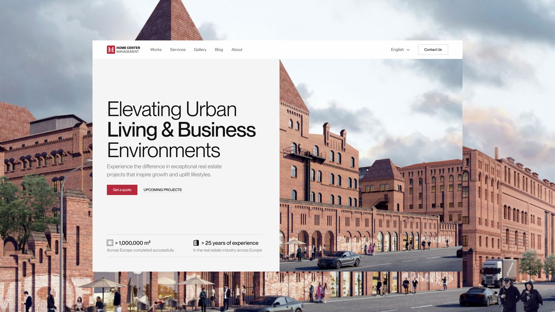 HCM homepage hero on desktop, introducing the real estate developer with a large image of one of its projects.