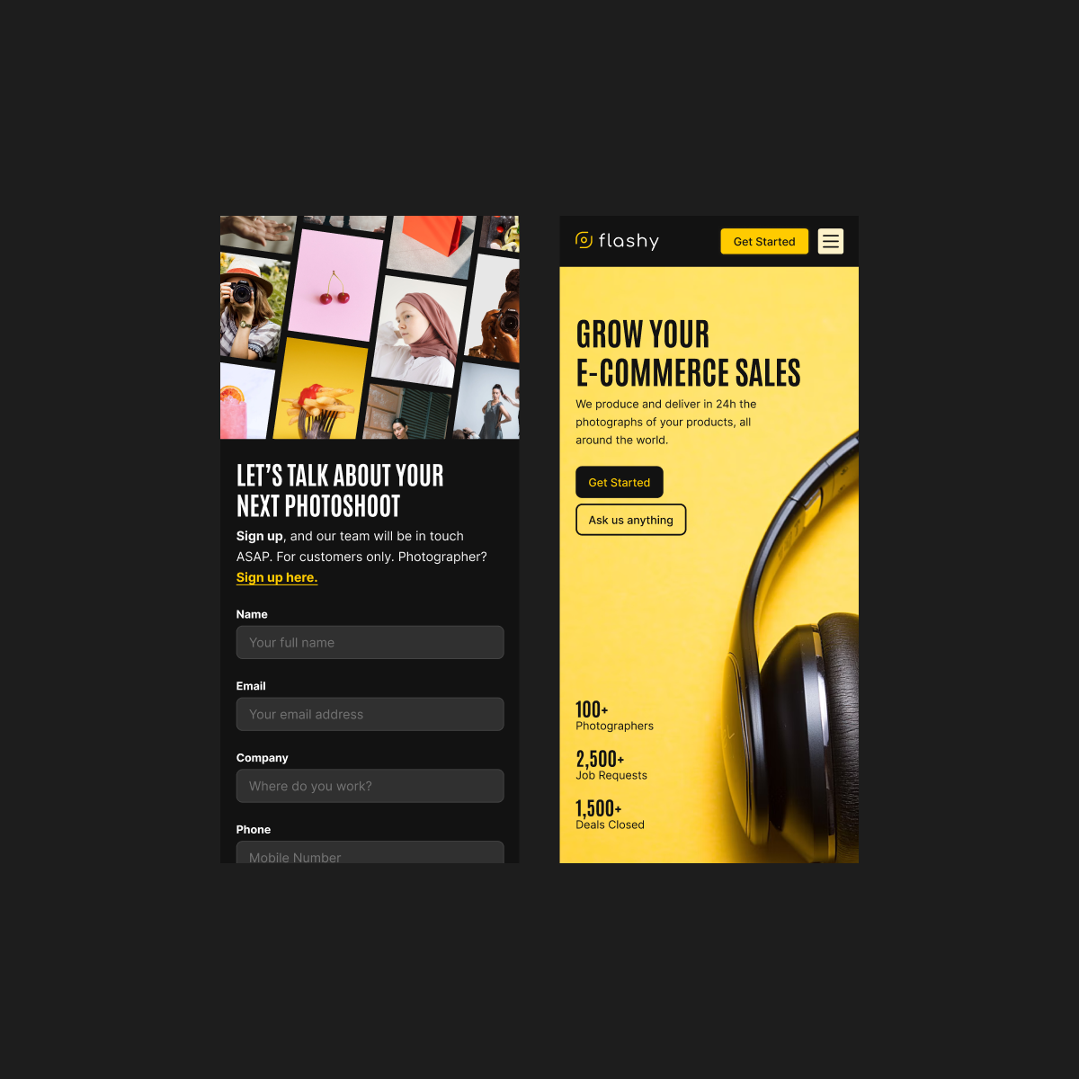 GetFlashy contact form and E-commerce Businesses page header on mobile.