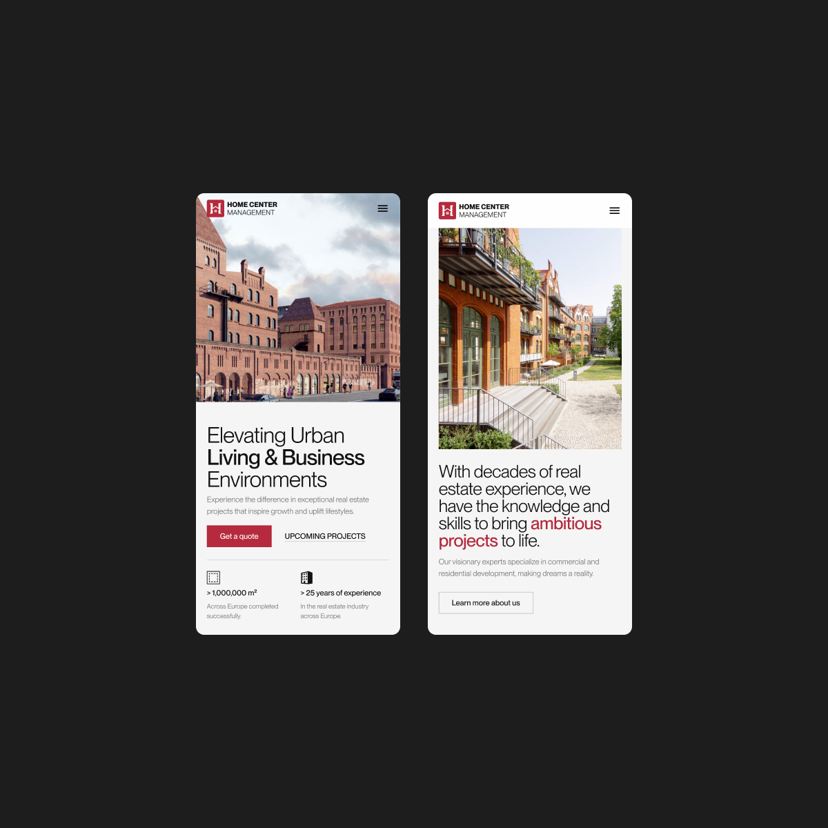 HCM homepage and company overview on mobile, introducing the developer’s experience and projects.