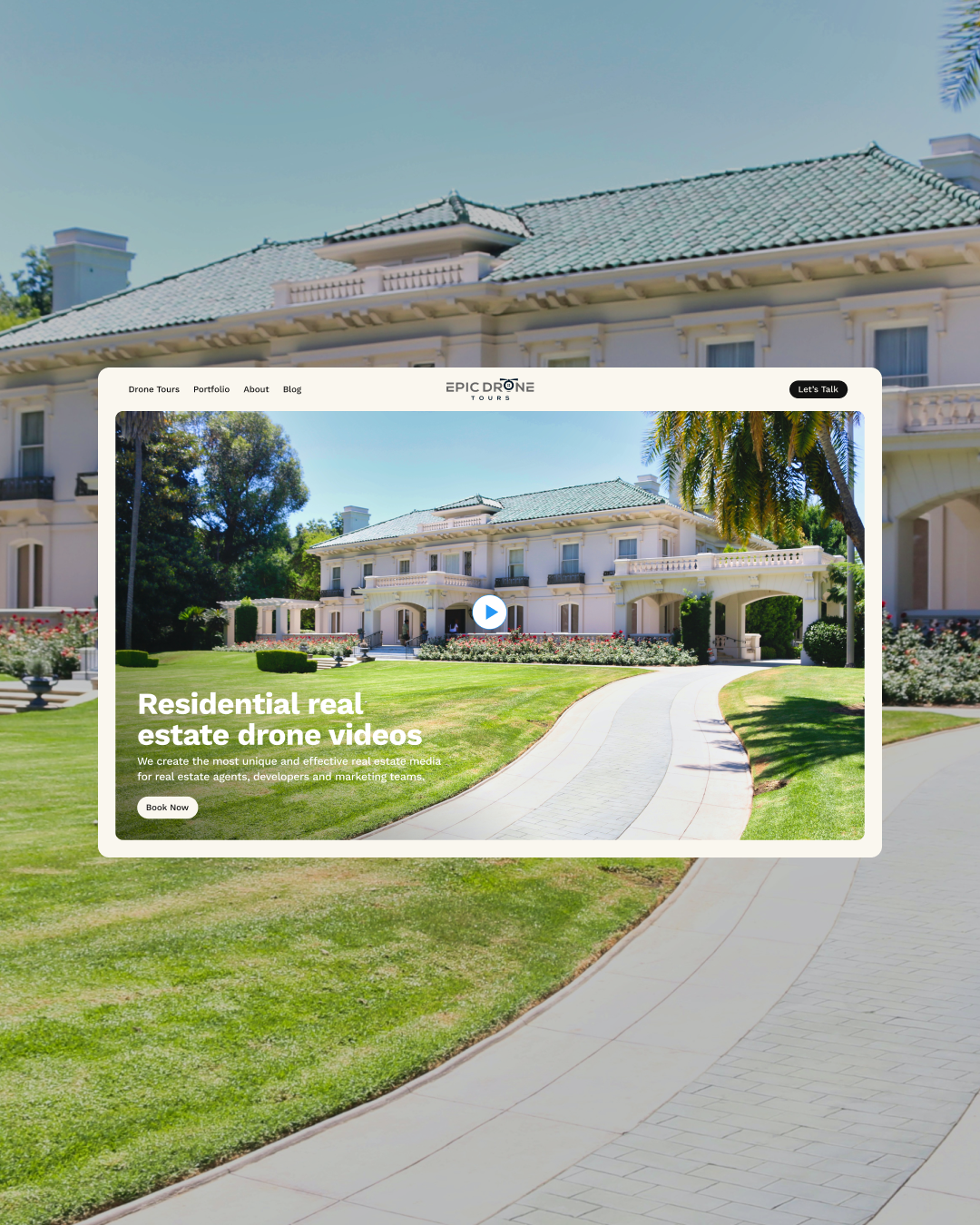Epic Drone Tours homepage designed and developed by VX.STUDIO, with full-screen aerial footage behind the headline.