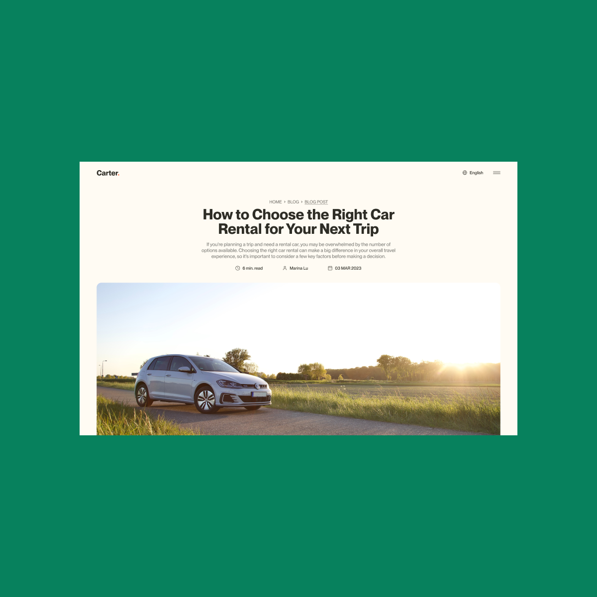Carter blog header on desktop, introducing travel and car rental articles.