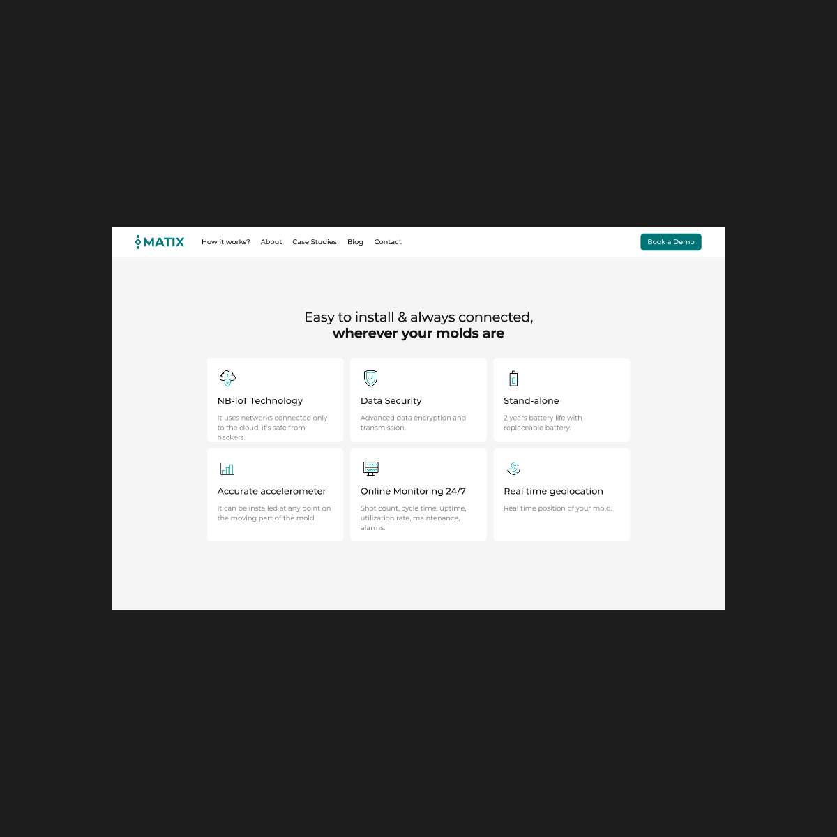 Matix features section on desktop, with icons for capabilities such as real-time production tracking and AI-driven insights.