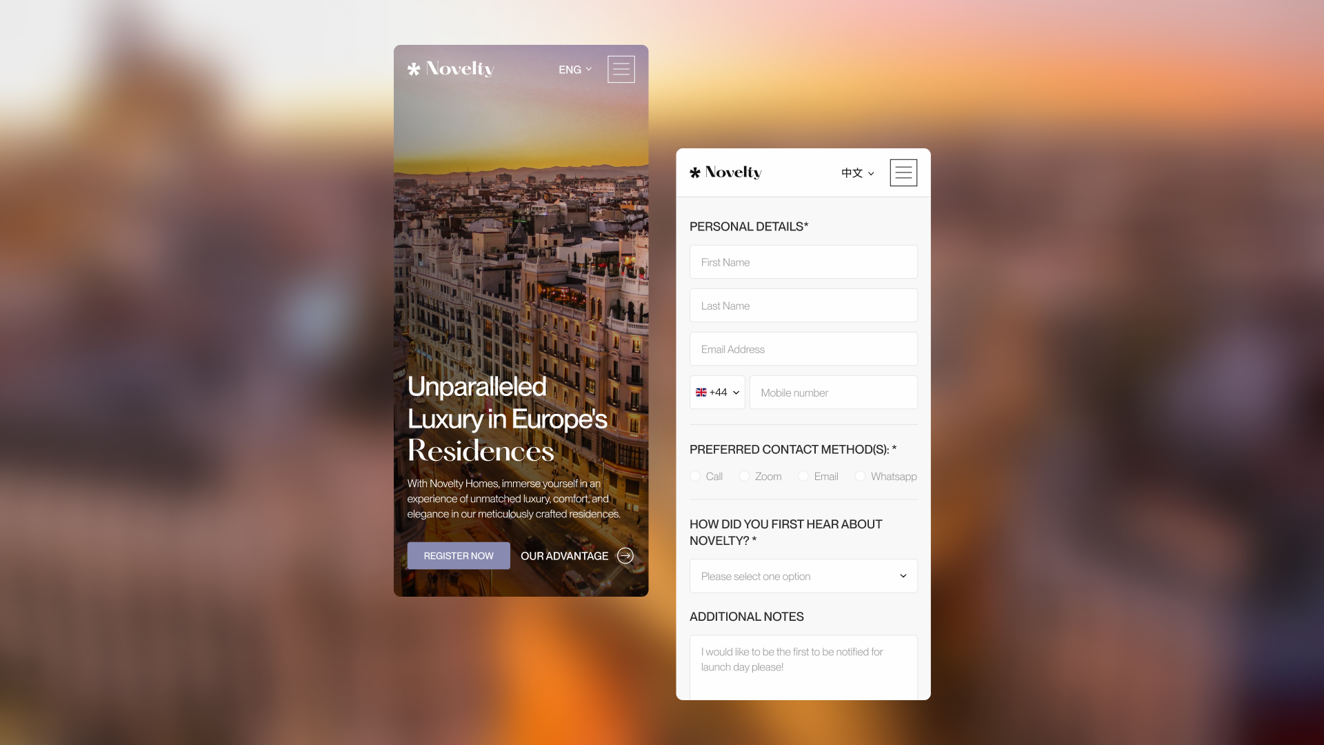 Novelty website on mobile, designed and developed by VX.STUDIO, showing its visual style, typography, and property photography.